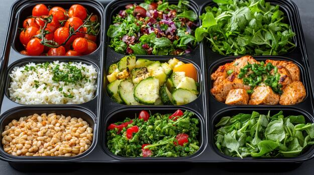 A black plastic container filled with different types of food photo