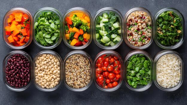 A variety of different types of vegetables in small containers photo