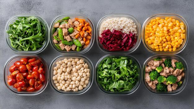 Six containers of different types of food in them photo