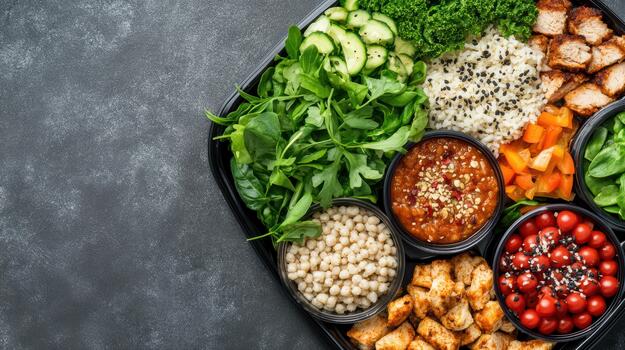 A black tray with different types of food photo