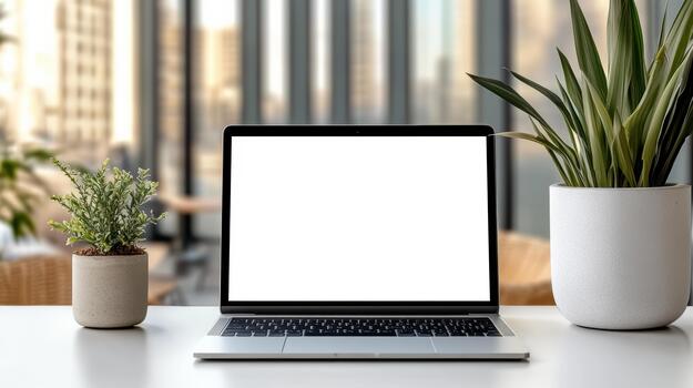 Laptop with blank screen on table in front of window photo