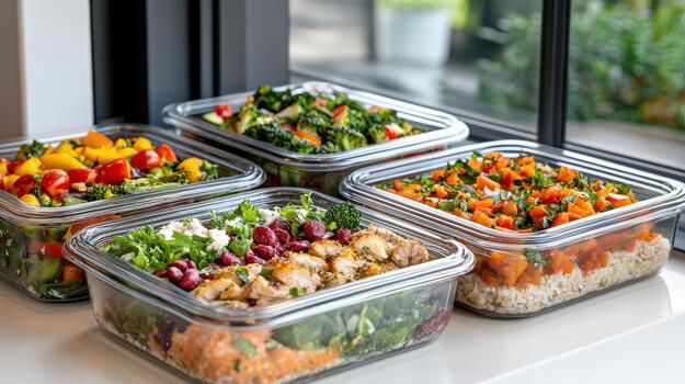Four containers with different types of food in them photo
