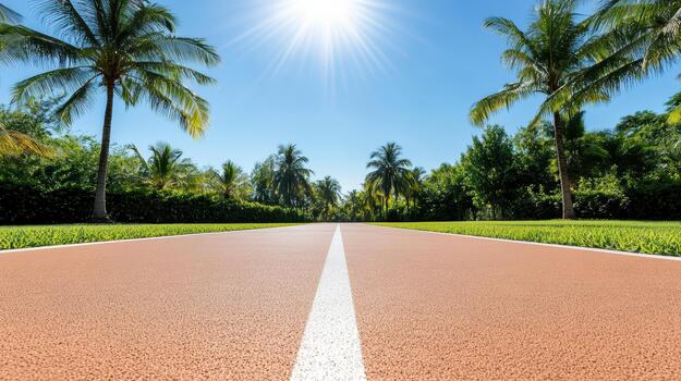An empty running track with palm trees in the background photo