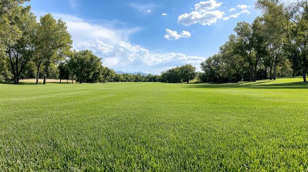 A green grassy field with trees and sky photo