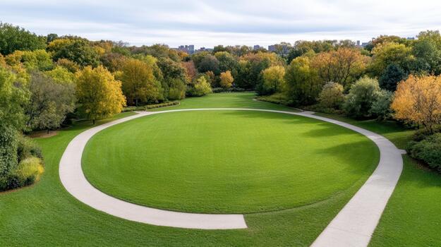 An aerial view of a circular lawn in a park photo