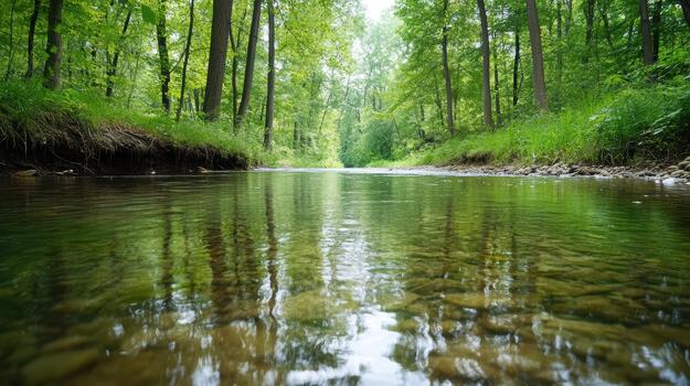 A river running through a forest with trees photo