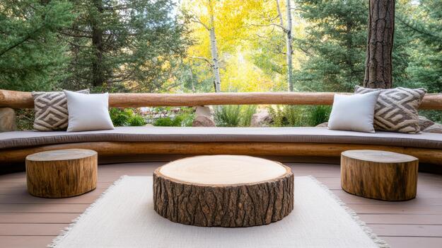 A wooden deck with a bench and two round tables photo