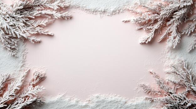 Christmas frame with snow on pink background photo