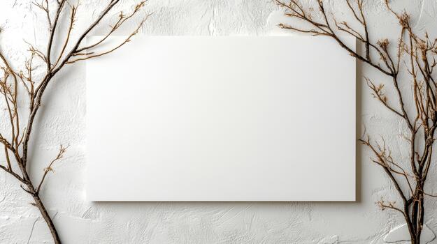 blanco blanco cuadrado en un blanco pared con ramas foto