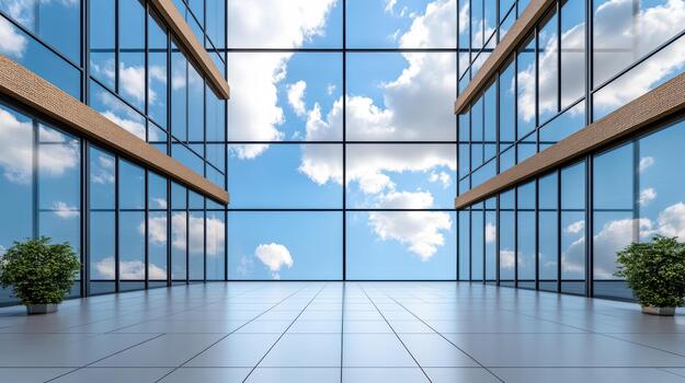 A large glass wall with plants in front of it photo