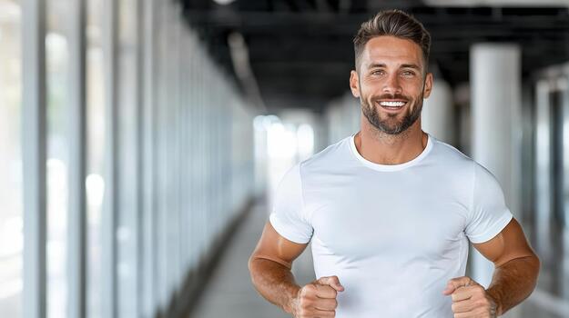 A man is running in an office building photo