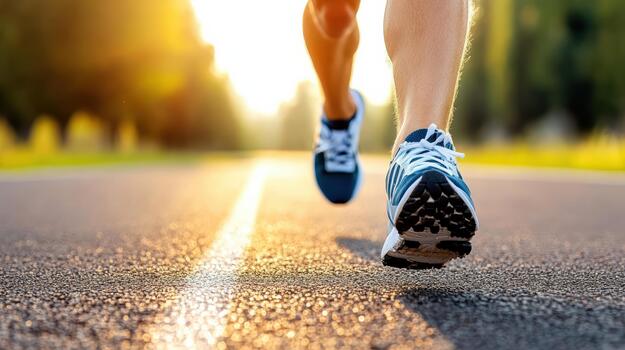 A person running on a road with the sun in the background photo