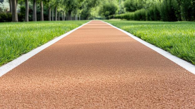 A long running track in the middle of a green field photo