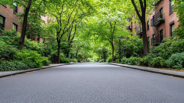 A street with a stop sign and trees on either side photo