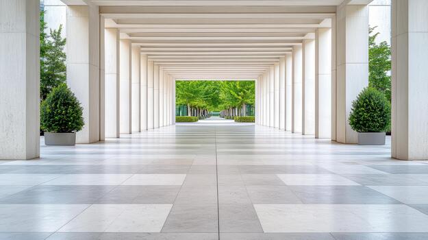 A long hallway with columns and trees photo