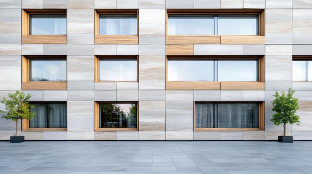 A building with a large window and a tree photo