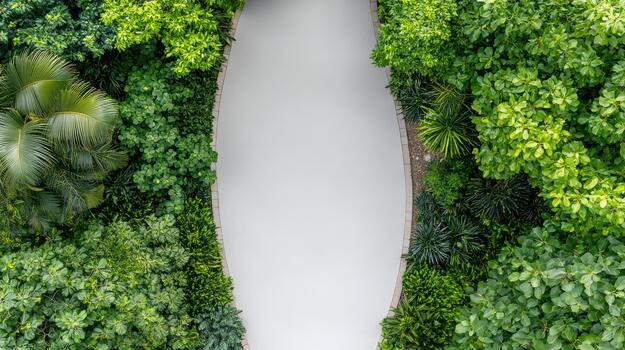 An aerial view of a white path surrounded by green trees photo