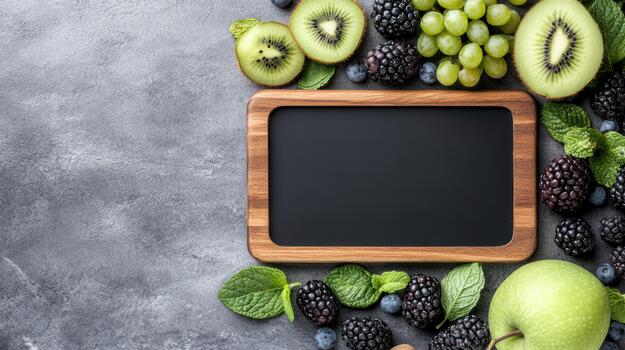 Fresh fruits and vegetables with blackboard on gray background photo