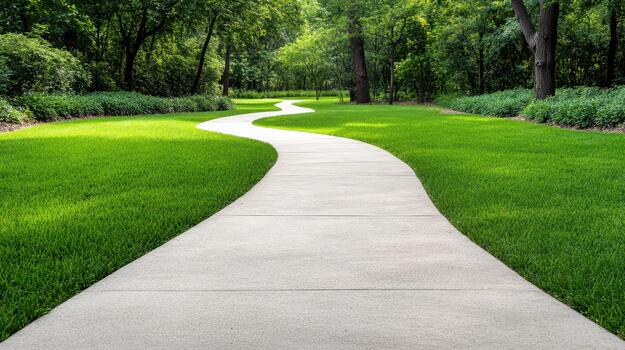 A paved path in a park with trees and grass photo