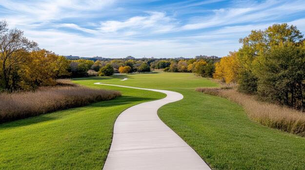 A pathway leads to a golf course with trees and grass photo