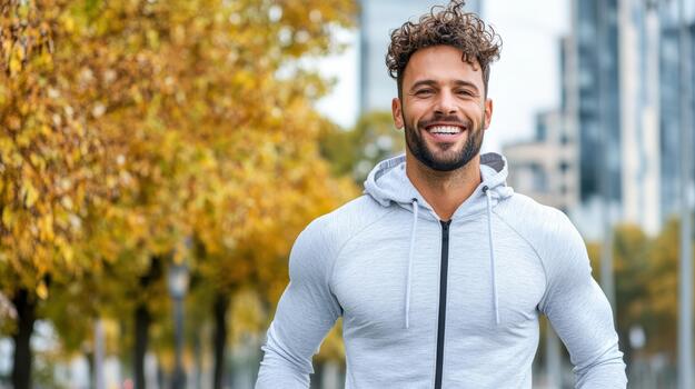 un hombre es sonriente mientras corriendo en el ciudad foto