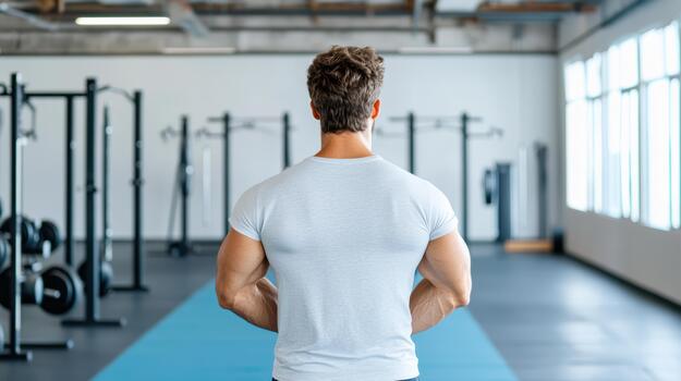 A man standing in a gym with his back to the camera photo