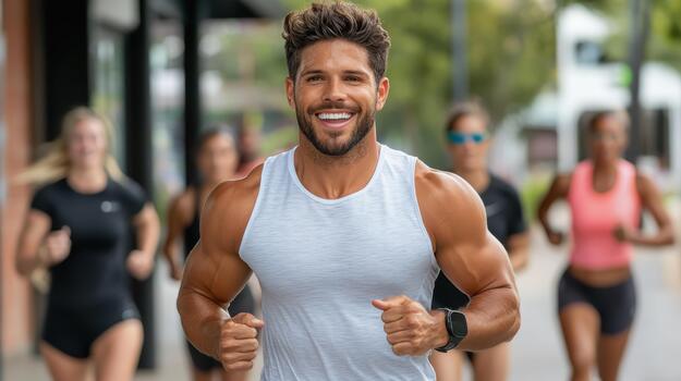 A man is running with his arms out and smiling photo