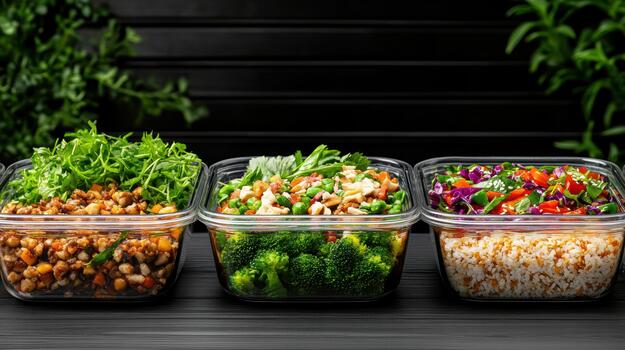 Three containers with different types of food in them photo