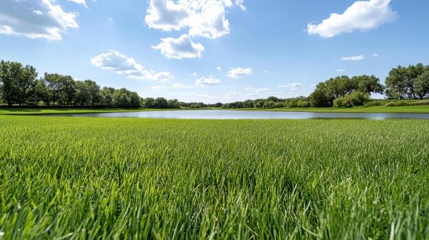 A field with grass and trees near a lake photo