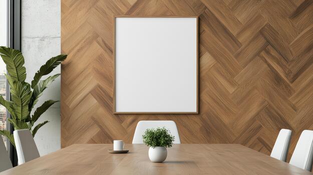 A wooden table with white chairs in front of a large window photo