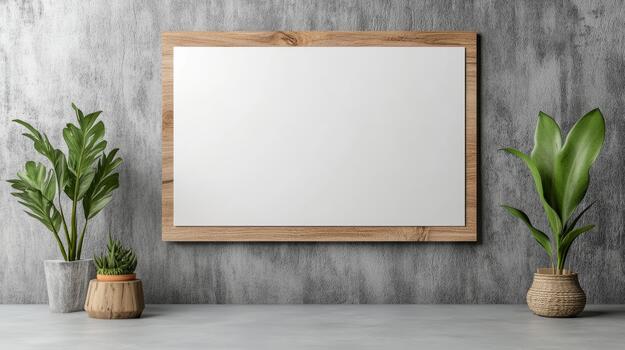 Blank frame mock up on concrete wall with potted plants 3d rendering photo