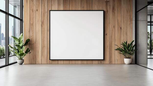 A blank frame in a modern office with a large window photo