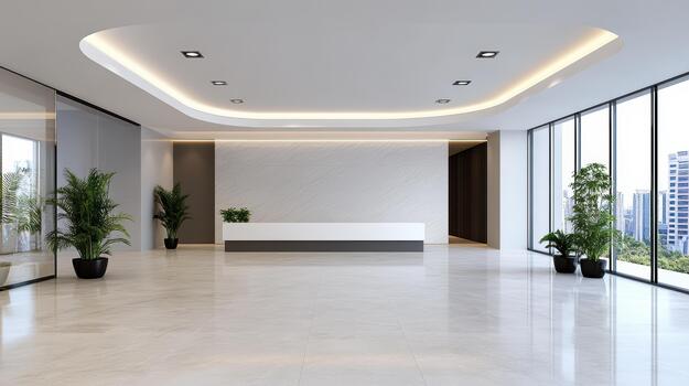 Modern office lobby with marble floor and large windows photo