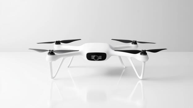 A white drone with black propellers on a white surface photo