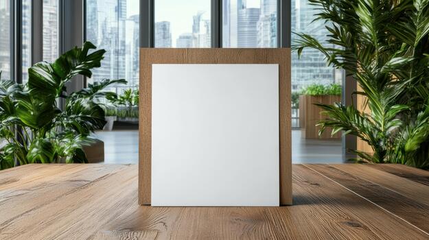 A blank white board on a wooden table in front of a window photo