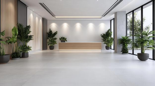 Modern office lobby with large windows and plants photo