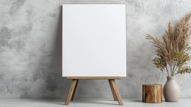 Blank canvas mockup on easel with vase photo