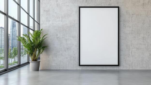 Empty room with a blank frame and a plant photo