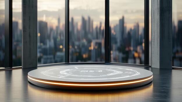 A futuristic circular table with a cityscape in the background photo