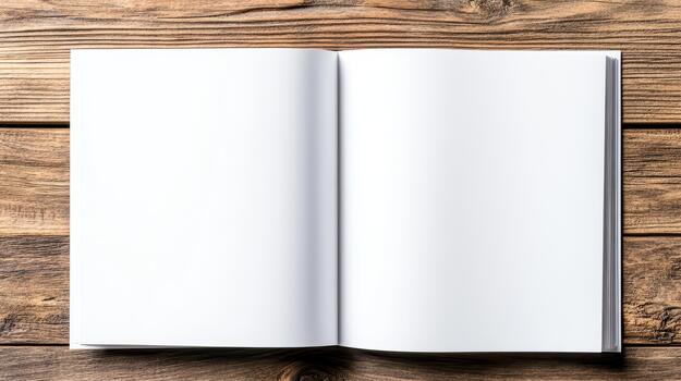 Open book on wooden table top view photo