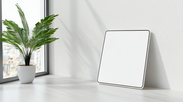 A blank white square on a table next to a plant photo