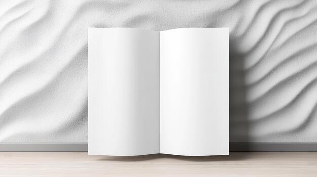 Blank white paper on a table in front of a wall photo