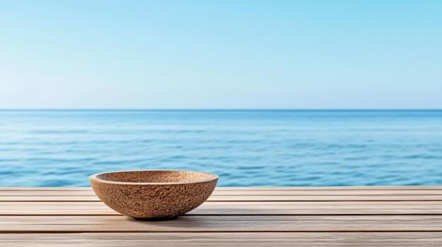 A bowl on a wooden table in front of the ocean photo