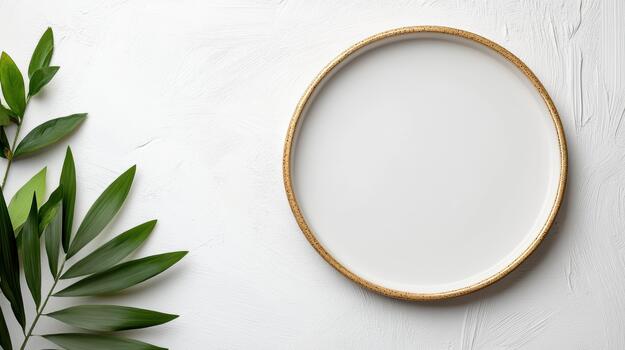 White oval frame with green leaves on a white background photo