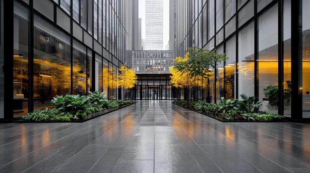 A long walkway with plants and trees in front of a building photo
