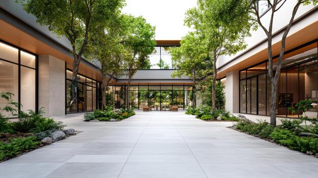 A walkway in a modern building with trees and plants photo