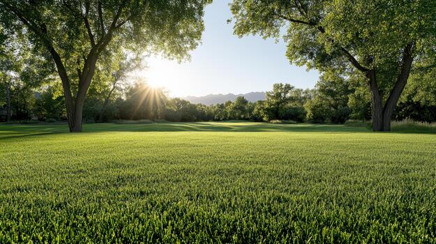 A green grassy field with trees and sun shining photo