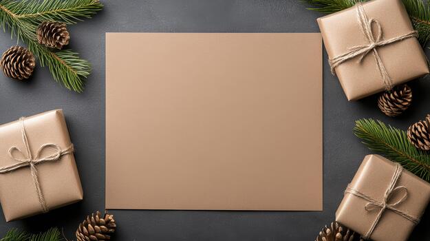 Christmas tree and presents on a dark background with copy space for text photo