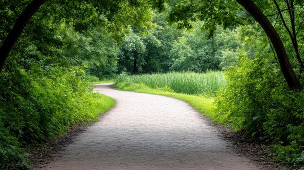 A pathway through a forest with trees and grass photo