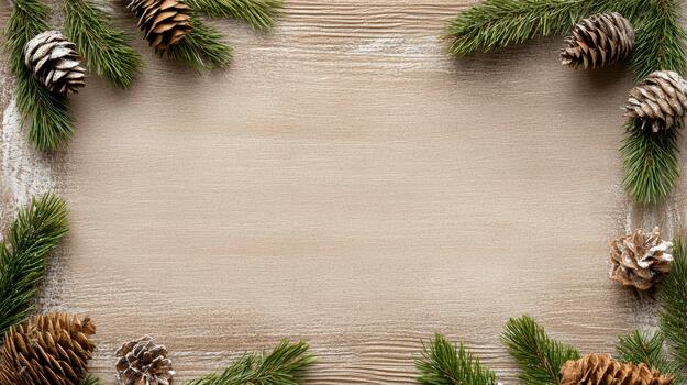 Christmas frame with fir branches and cones on wooden background photo